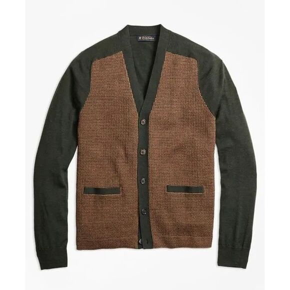Brooks Brothers 100% Merino Wool Cardigan Sweater Size Large Academia Houndstoot - Picture 1 of 6